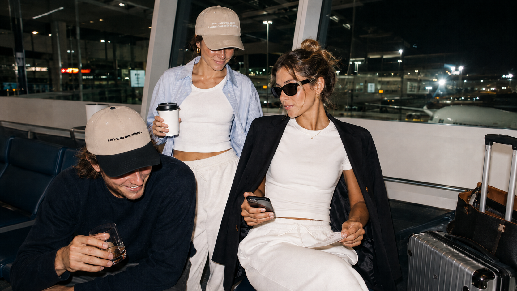 Airport lounge at night, wearing OOO caps