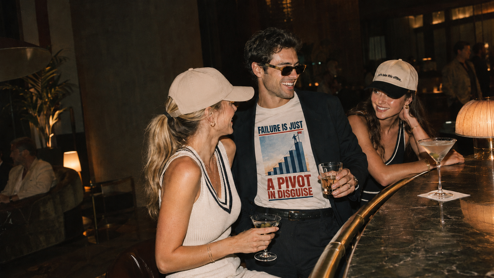 Hotel bar, wearing the Pivot shirt and OOO caps